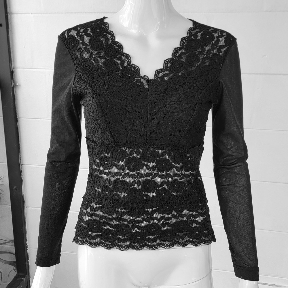 Vintage 90s Felipe Lace Sheer Black Top Women S Romantic Goth Coquette Y2K Vampy